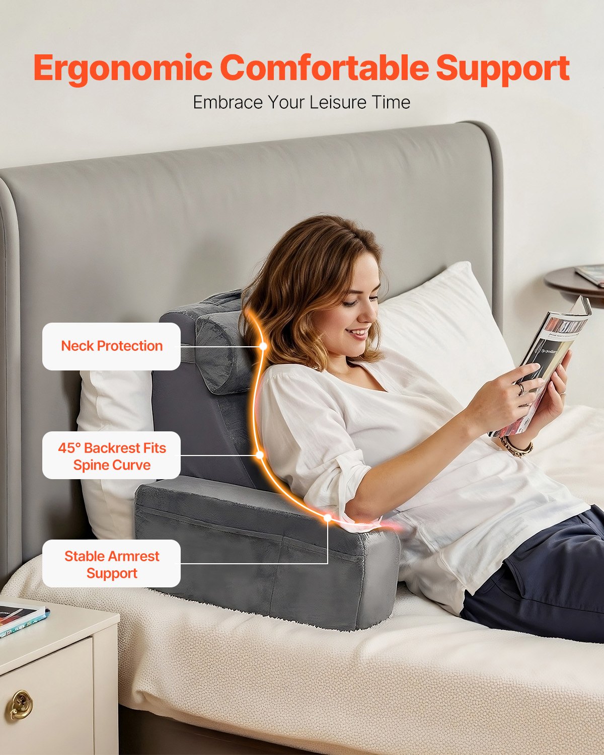 Woman using a gray ergonomic support pillow on a bed, with text highlighting features.