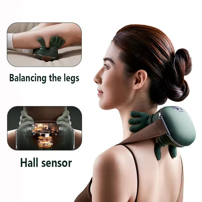 Woman using a green massage device on her back with close-up insets showing 'Balancing the legs' and 'Hall sensor' text.