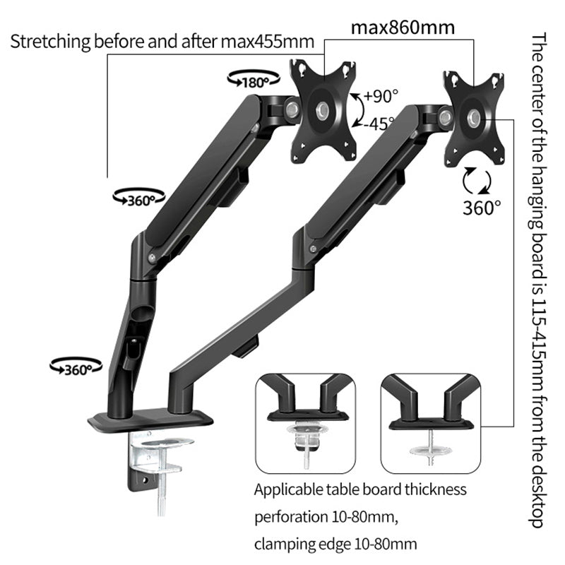 Diagram of a dual monitor stand with adjustable arm, showing stretching, rotation, and clamping features.