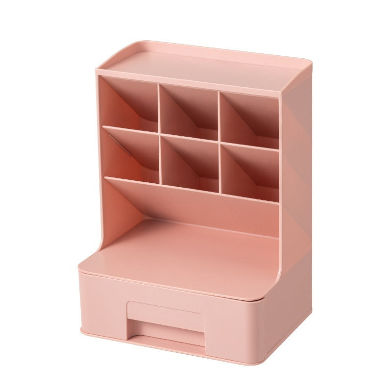 Pink desk organizer with multiple compartments on a white background