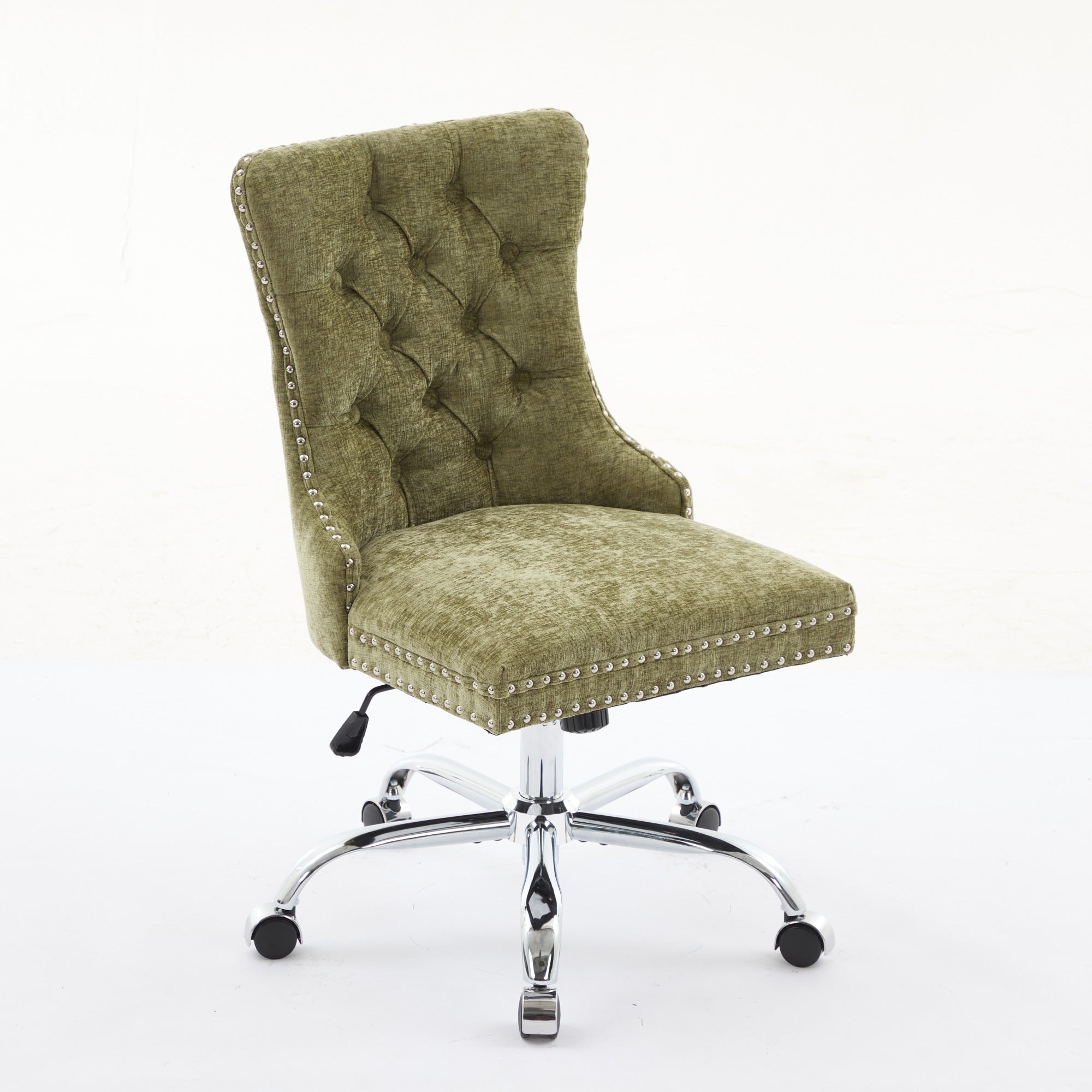 Green upholstered office chair with tufted backrest on a white background