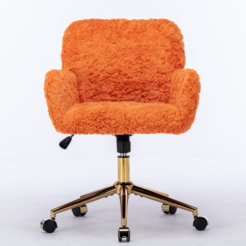 Orange fluffy office chair with gold base on a white background