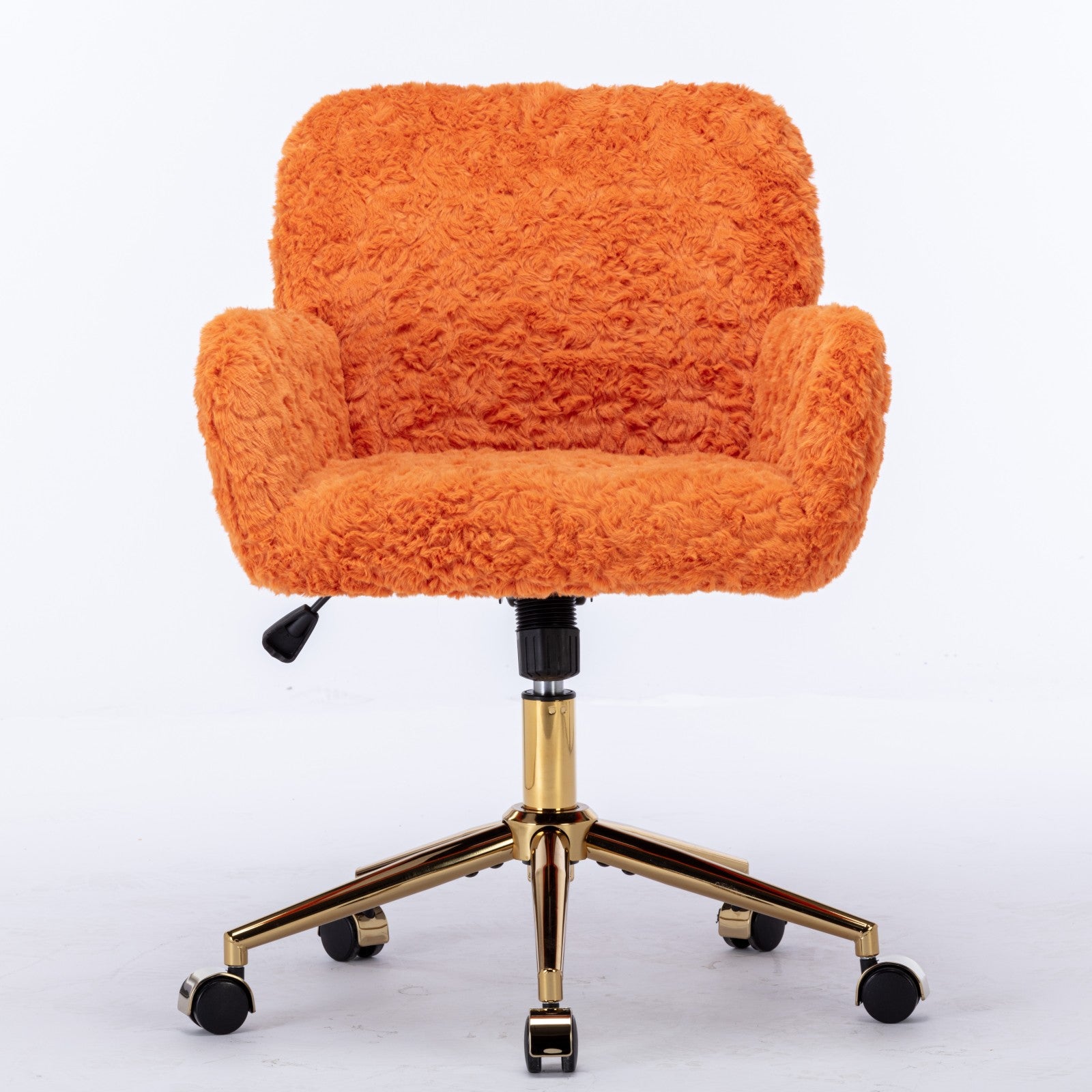 Orange fluffy office chair with gold base on a white background