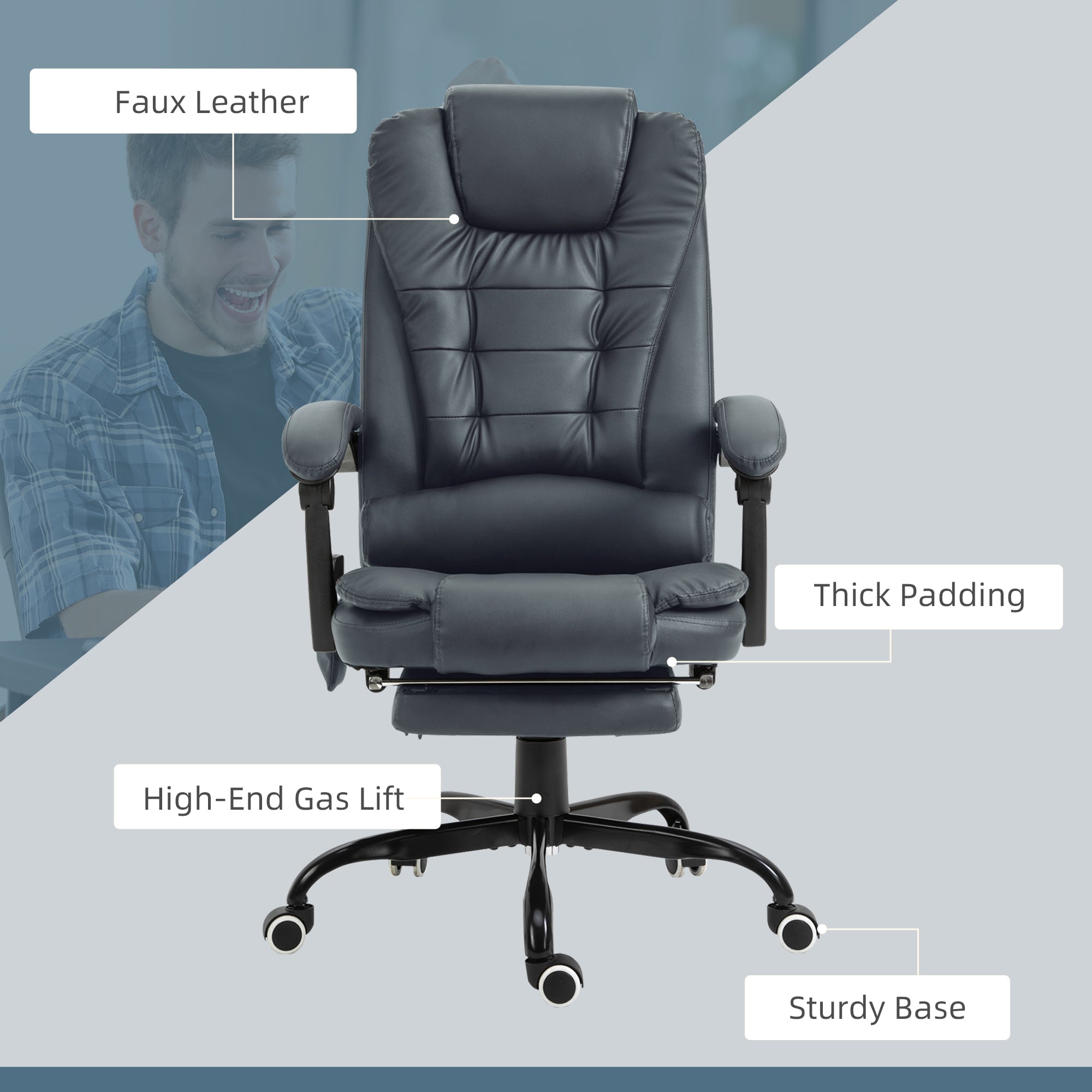 Ergonomic office chair with features highlighted on a gray background