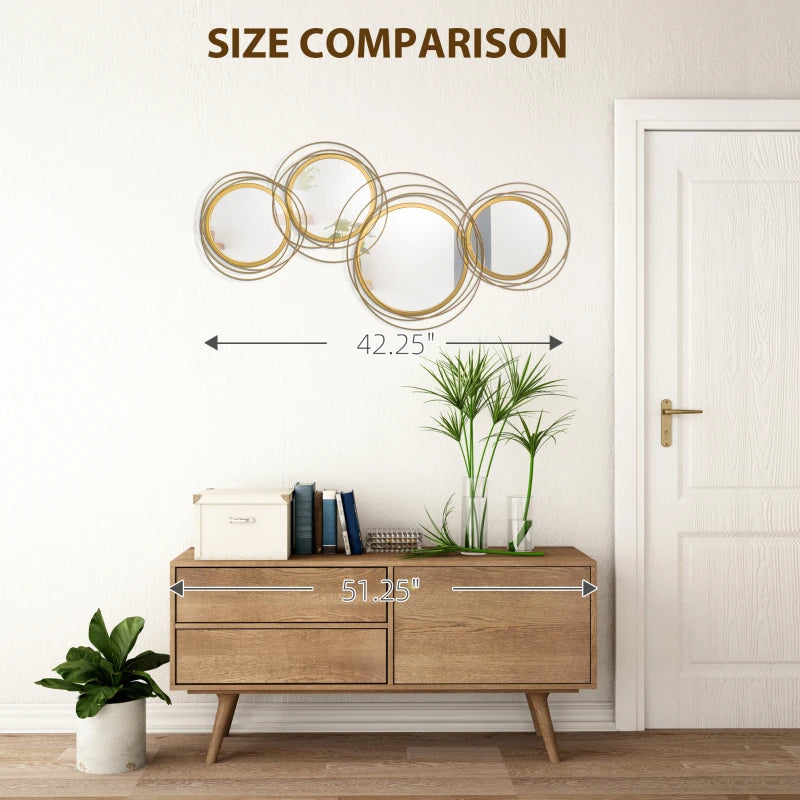 Size comparison of a wall mirror and a wooden cabinet with measurements indicated.