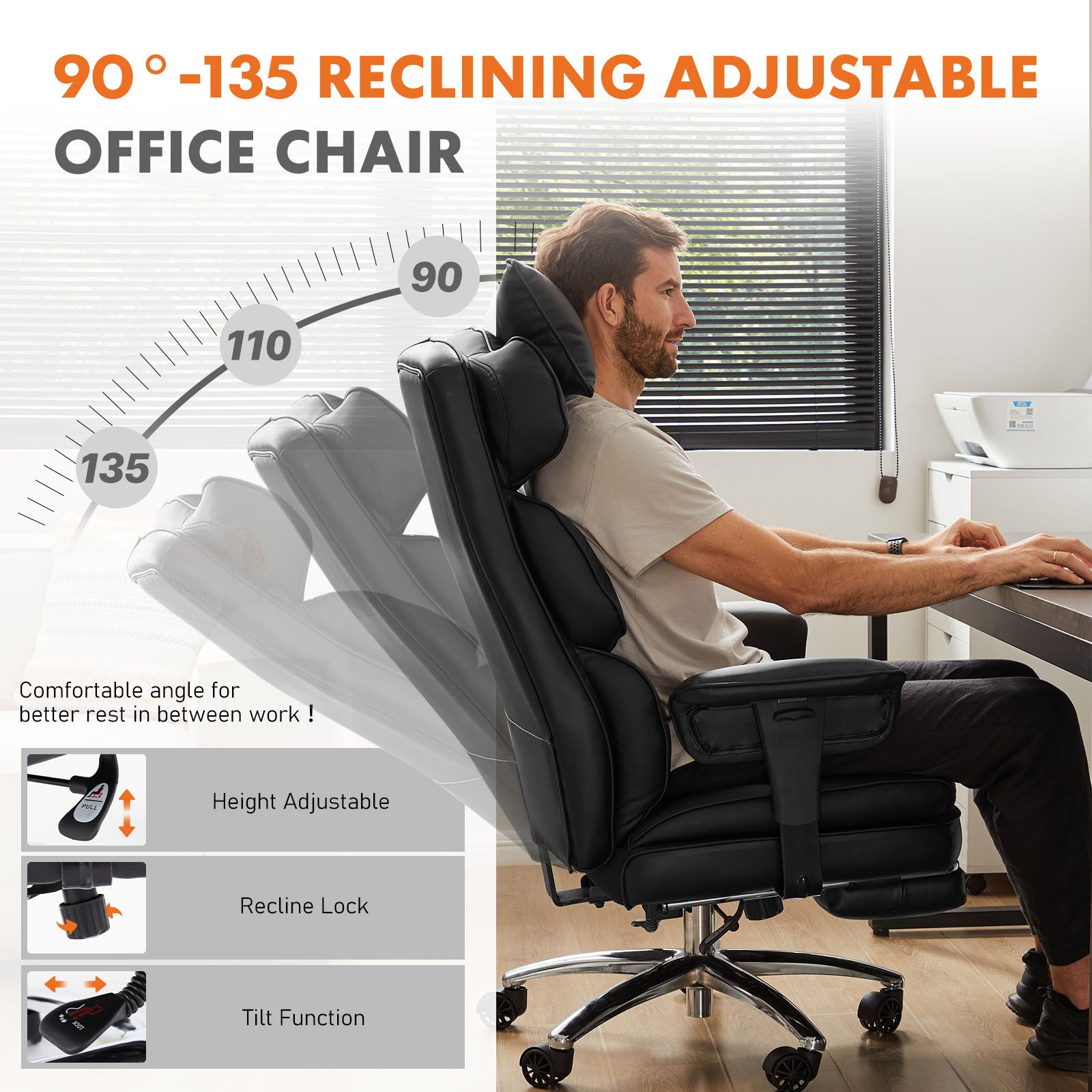 Black reclining adjustable office chair with a person using it, shown in an office setting.