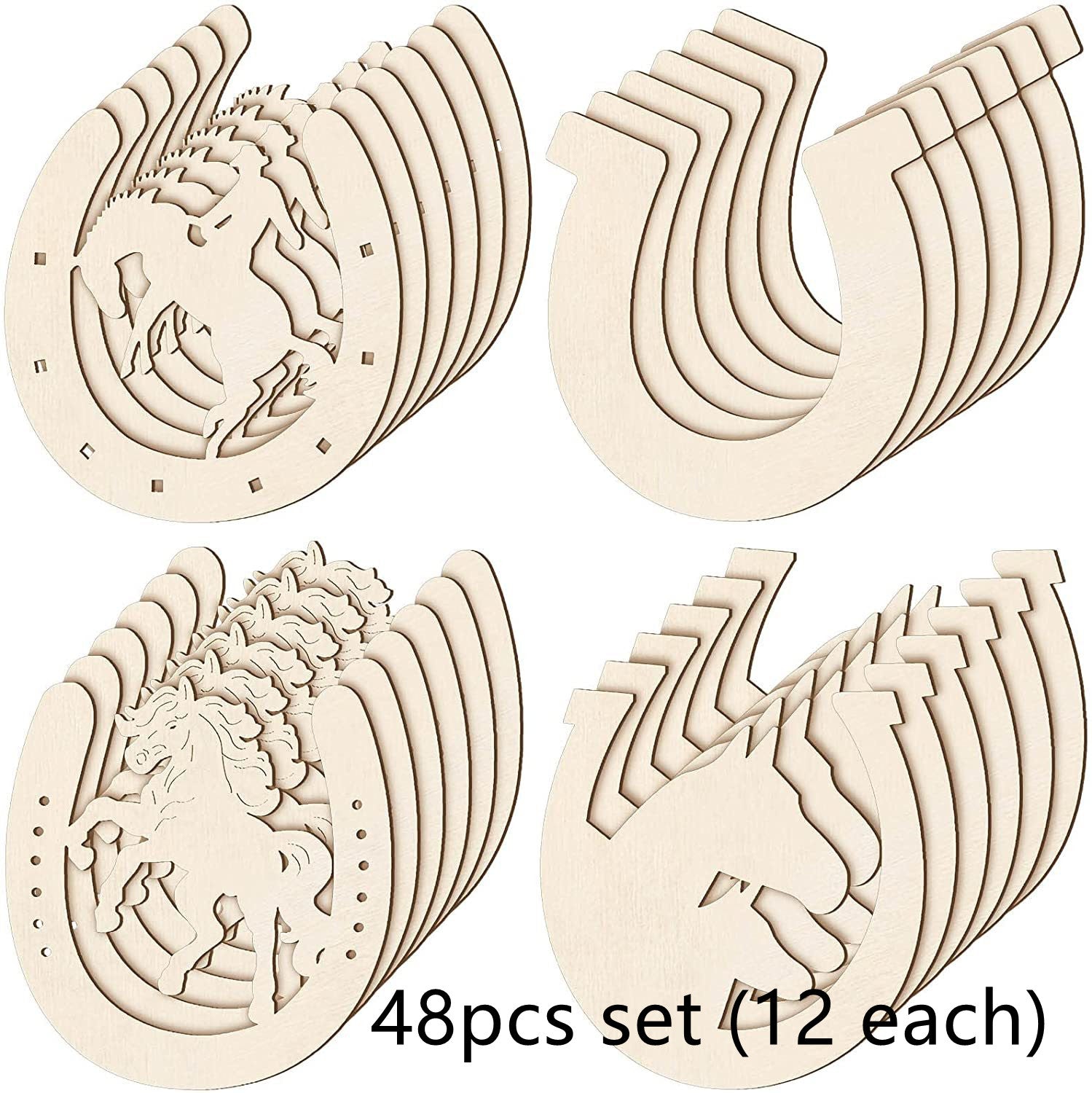 Set of 48 wooden coasters with various designs on a white background