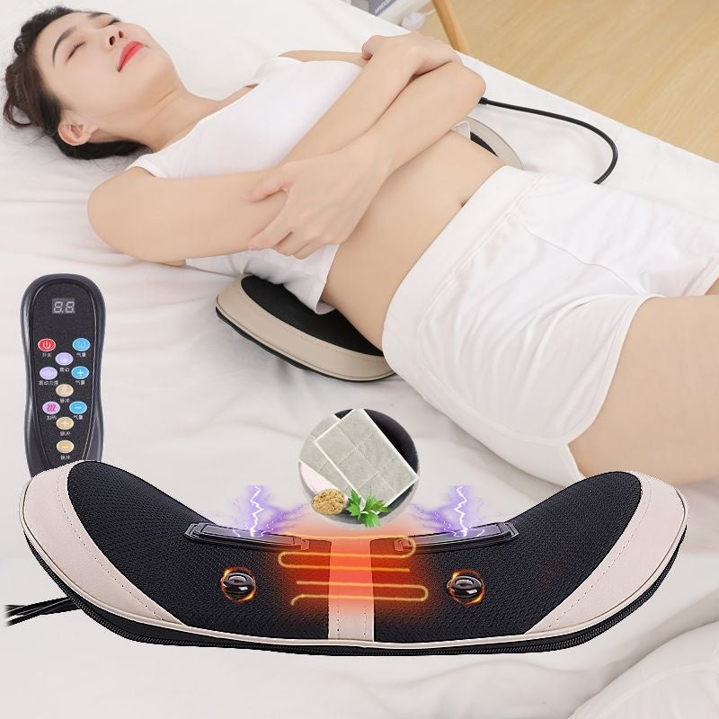 Person using a neck and shoulder massager with a close-up of the device on a white background.