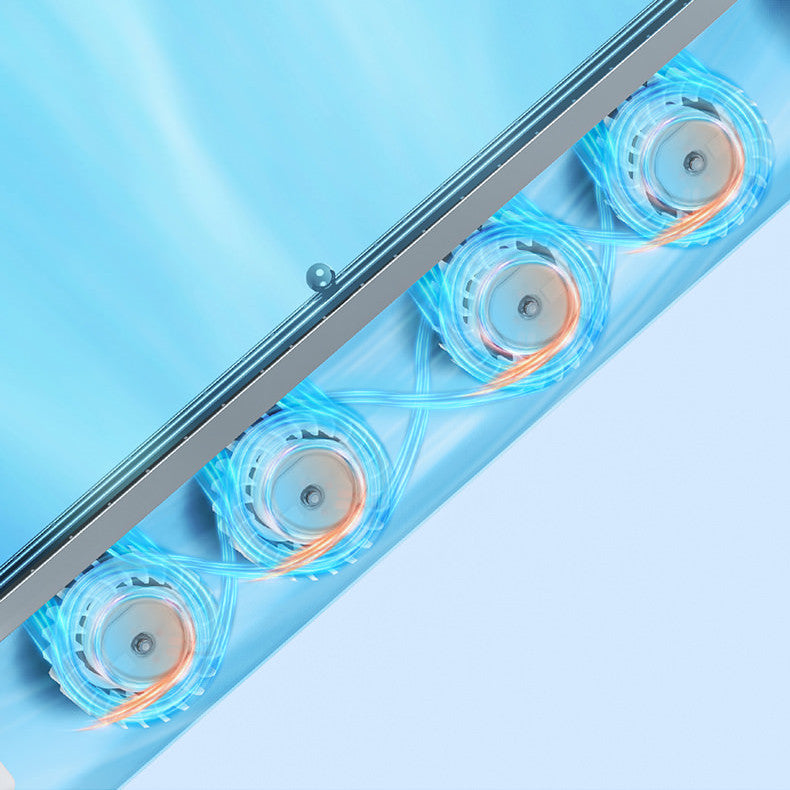 Close-up of a blue electronic device with transparent casing on a light blue background