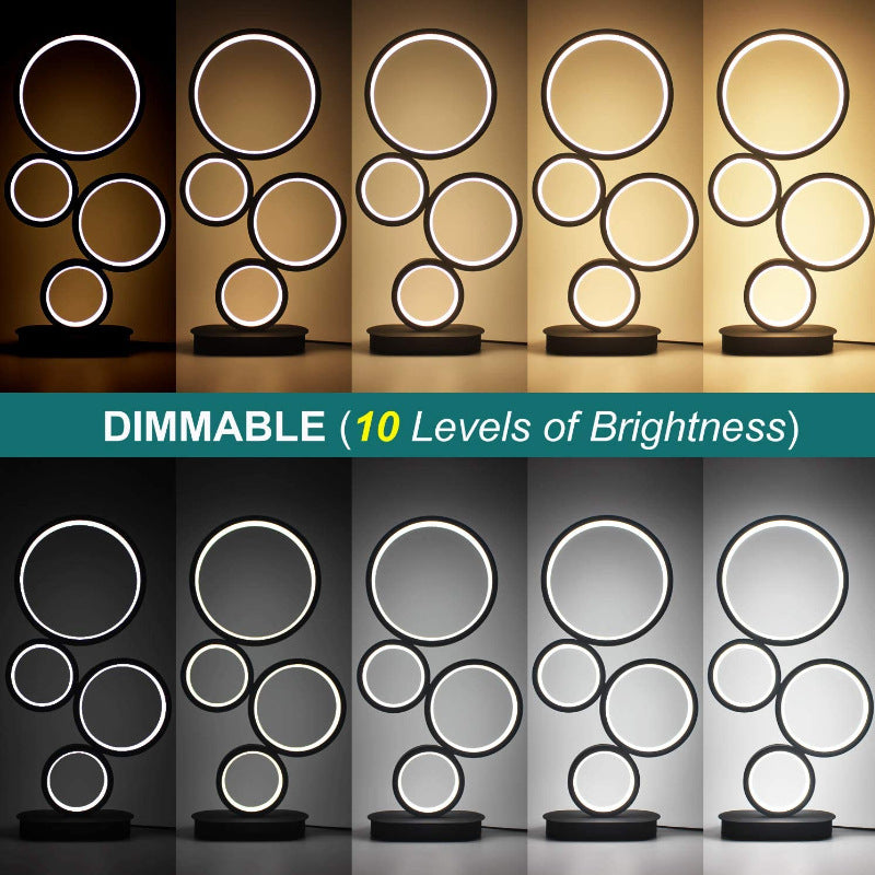 Set of circular light fixtures on a gradient background with dimmable feature text.