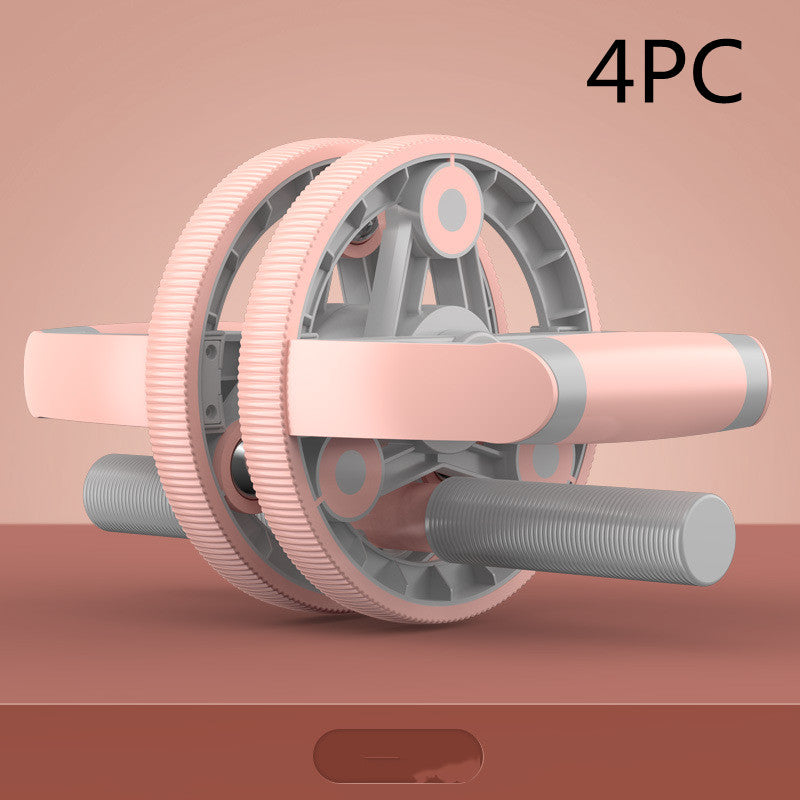 Pink ab roller with gray handles on a peach background, labeled '4PC'.