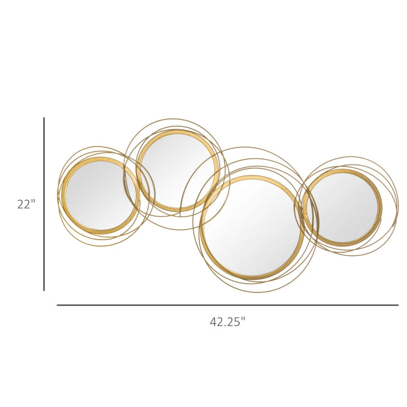 Decorative wall art with interlocking gold circles and measurements on a white background