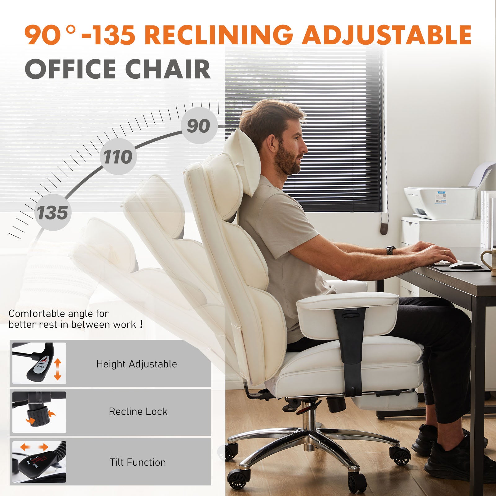 White reclining office chair with adjustable features shown in an office setting.
