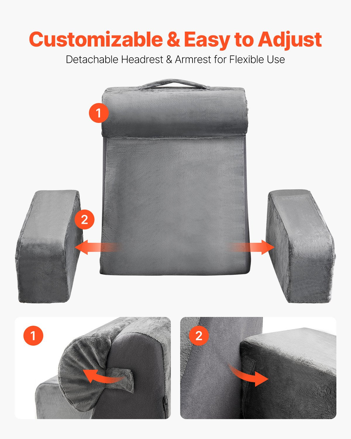 Gray adjustable headrest and armrest with customizable features on a white background