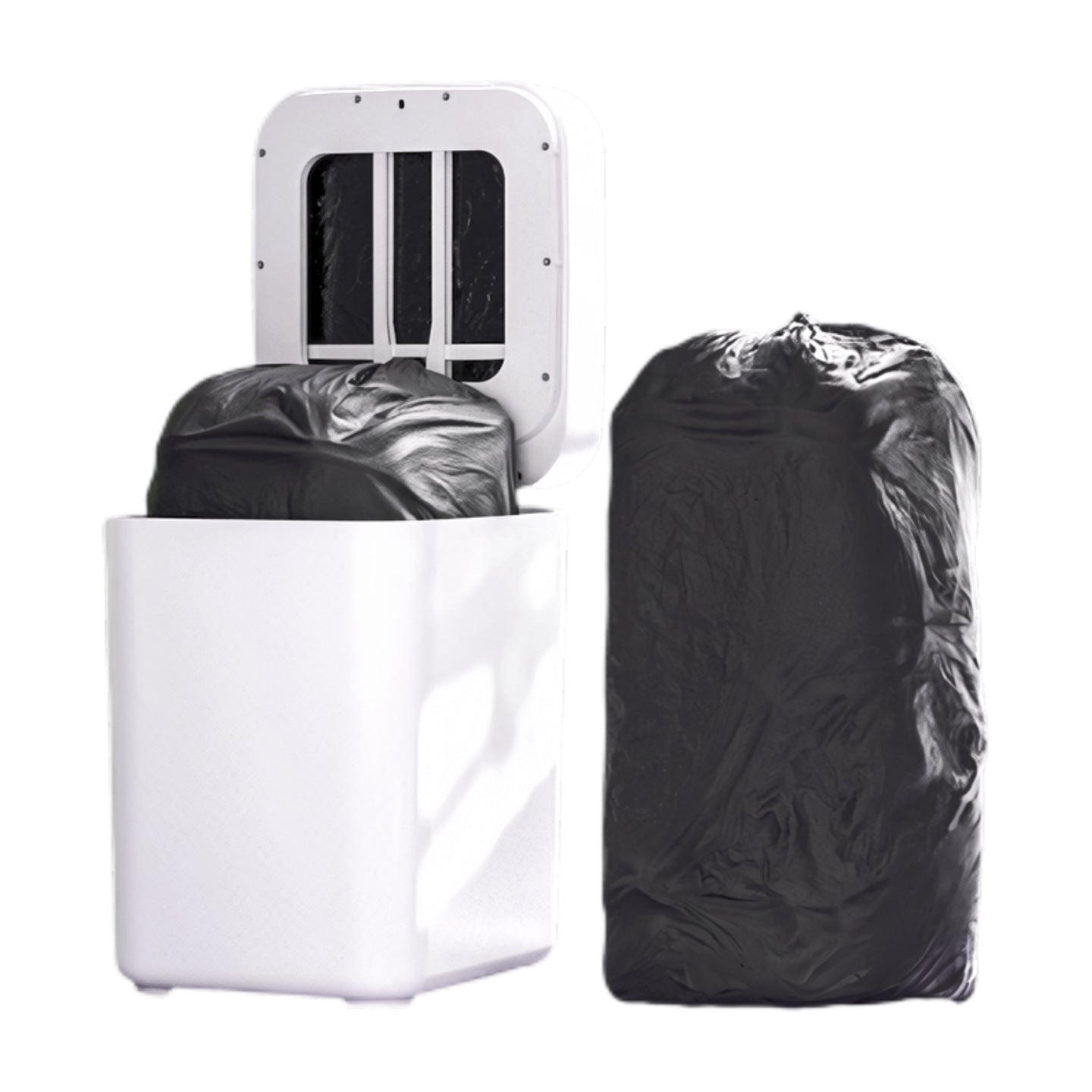 White RV trash compartment with black trash bags on a white background