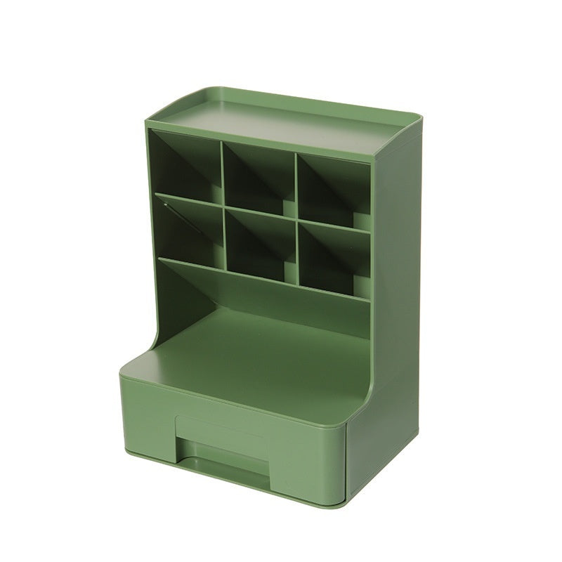 Green storage unit with multiple compartments on a white background