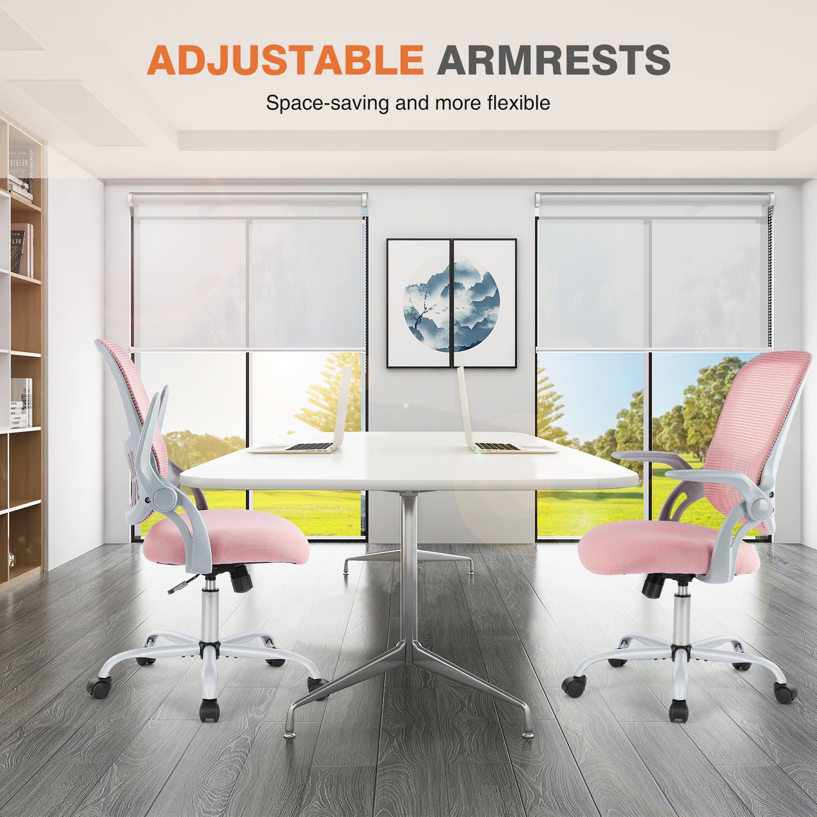 Pink ergonomic drafting chair full view in home office setting