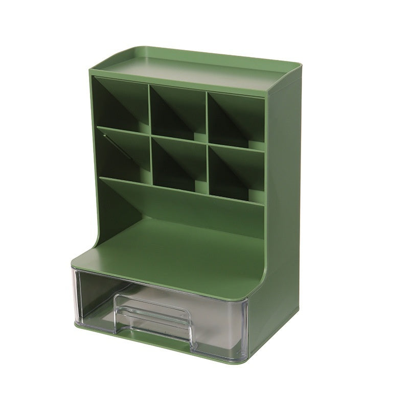 Green desk organizer with multiple compartments on a white background