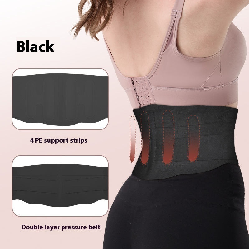 Black waist trainer with 4 PE support strips and double layer pressure belt on a person wearing a pink top and black pants.