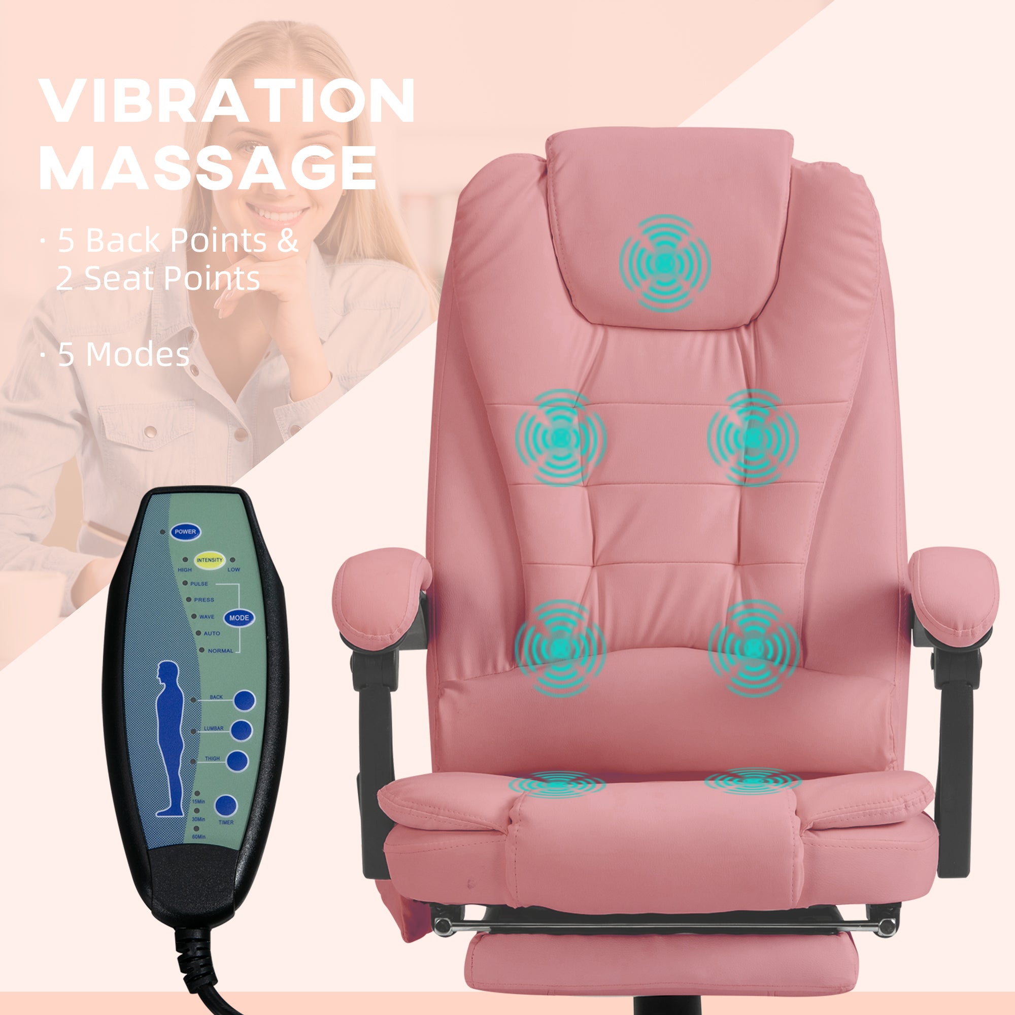 Pink massage chair with vibration points and control panel on a light pink background