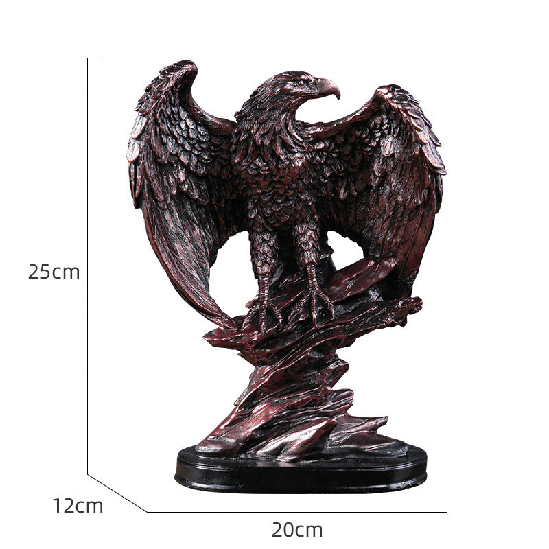 Bronze eagle statue with dimensions indicated on a white background