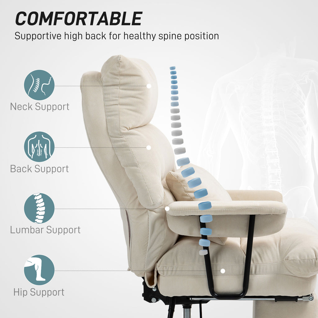 Beige massage chair with text and icons highlighting support features on a white background