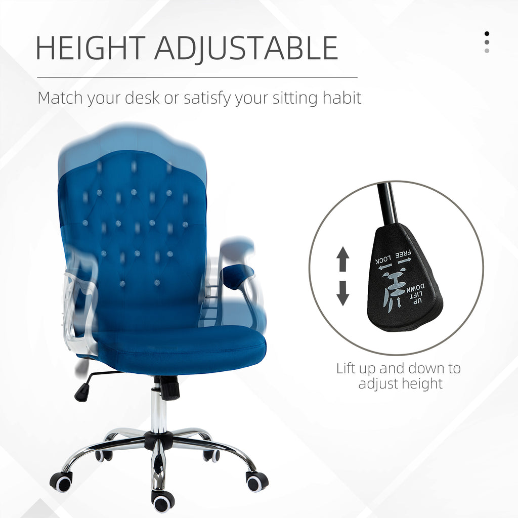Blue office chair with height adjustment feature on a white background