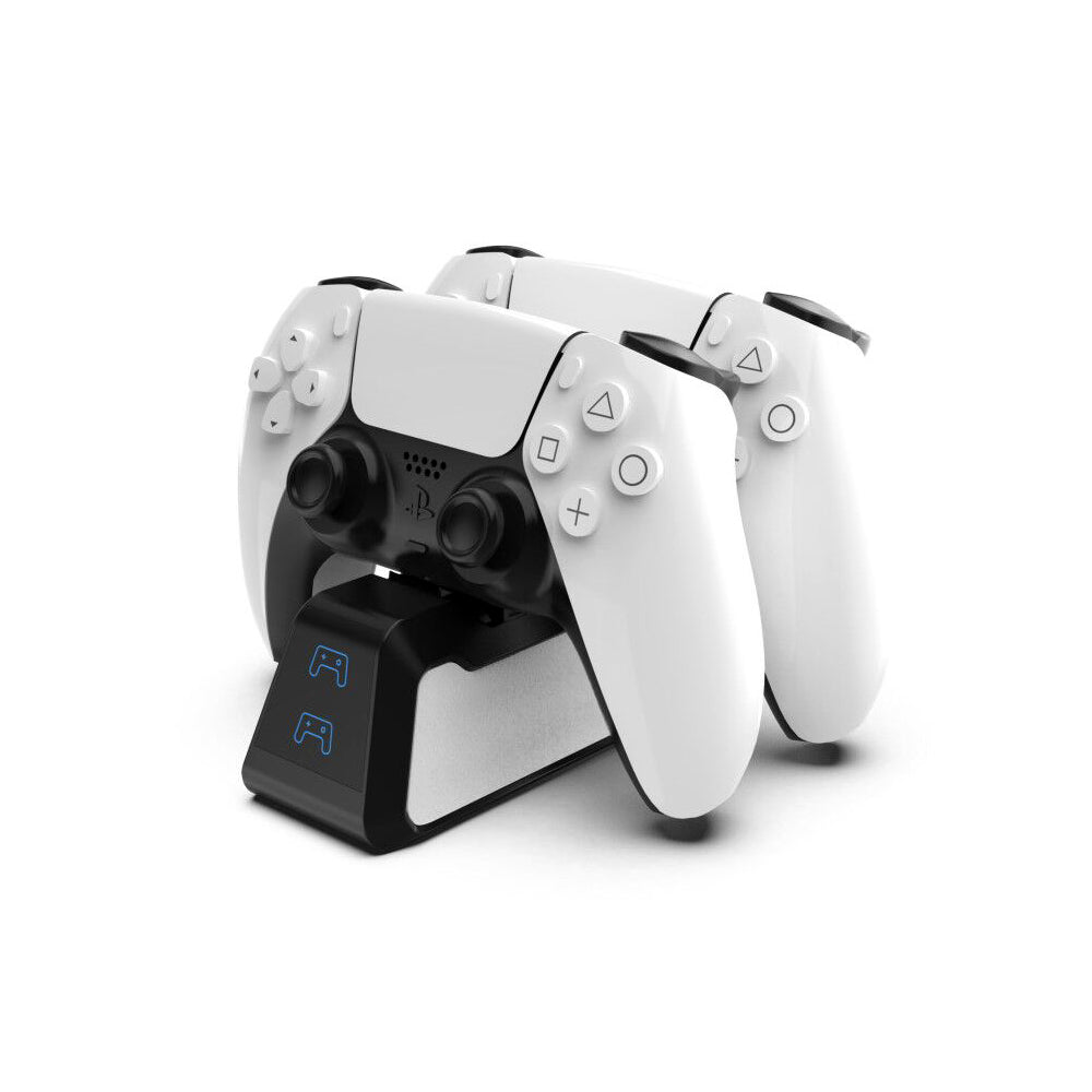 Pair of white and black gaming controllers on a white background