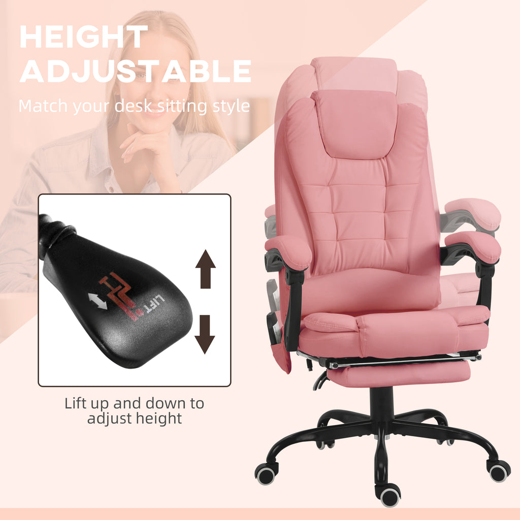 Pink office chair with height adjustment feature on a beige background