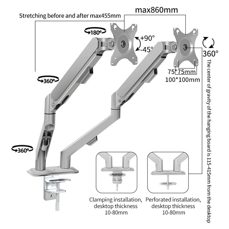 Monitor stand with detailed specifications on a white background