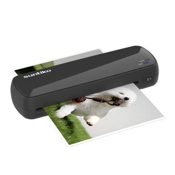 Black Sunkiko photo printer with a photo of a dog on a white background