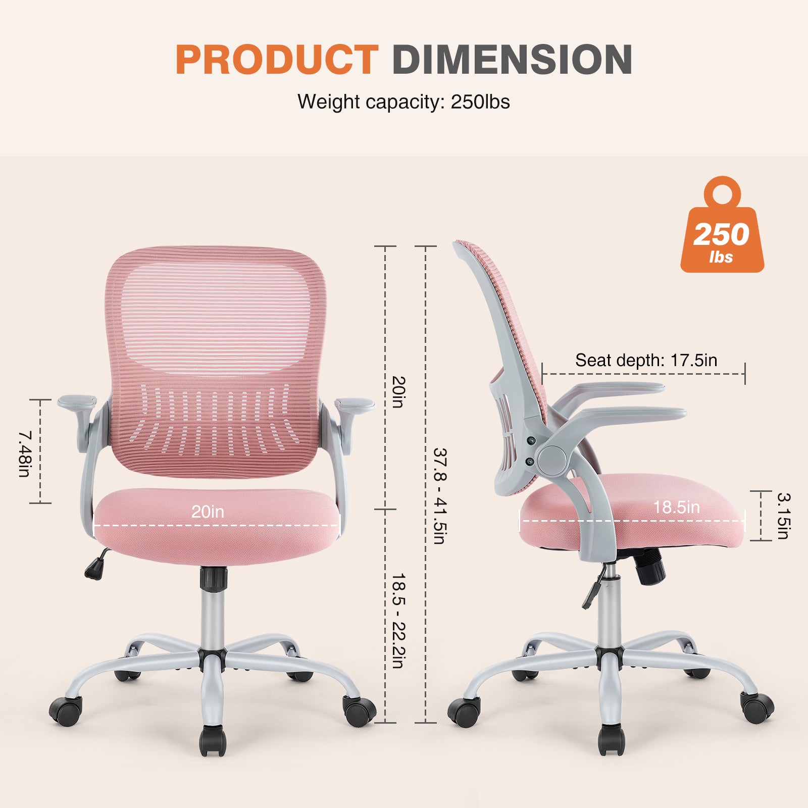 Pink drafting chair assembly diagram and dimensions
