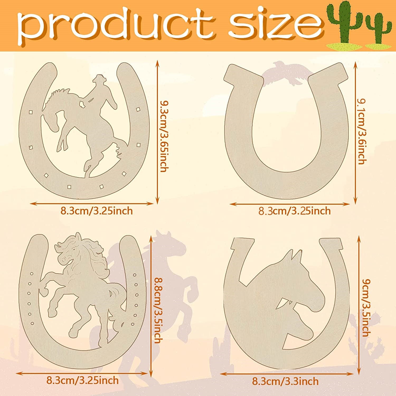 Set of four horseshoe-shaped cutouts with horse designs and measurements on a light background.