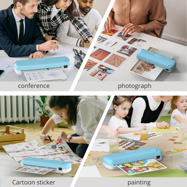 Collage of a blue photo printer being used in various settings including a conference, photograph, cartoon sticker, and painting.