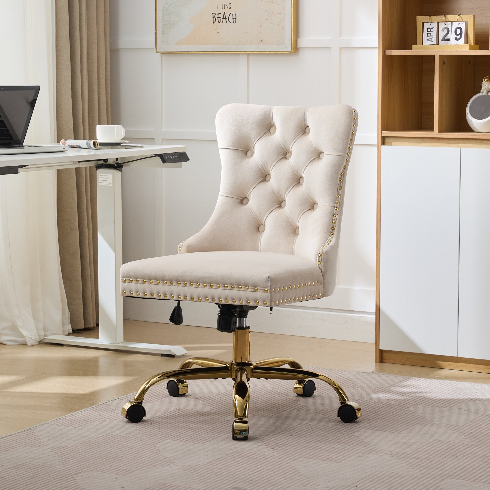 Beige office chair with chrome base in a room with a desk and decor.
