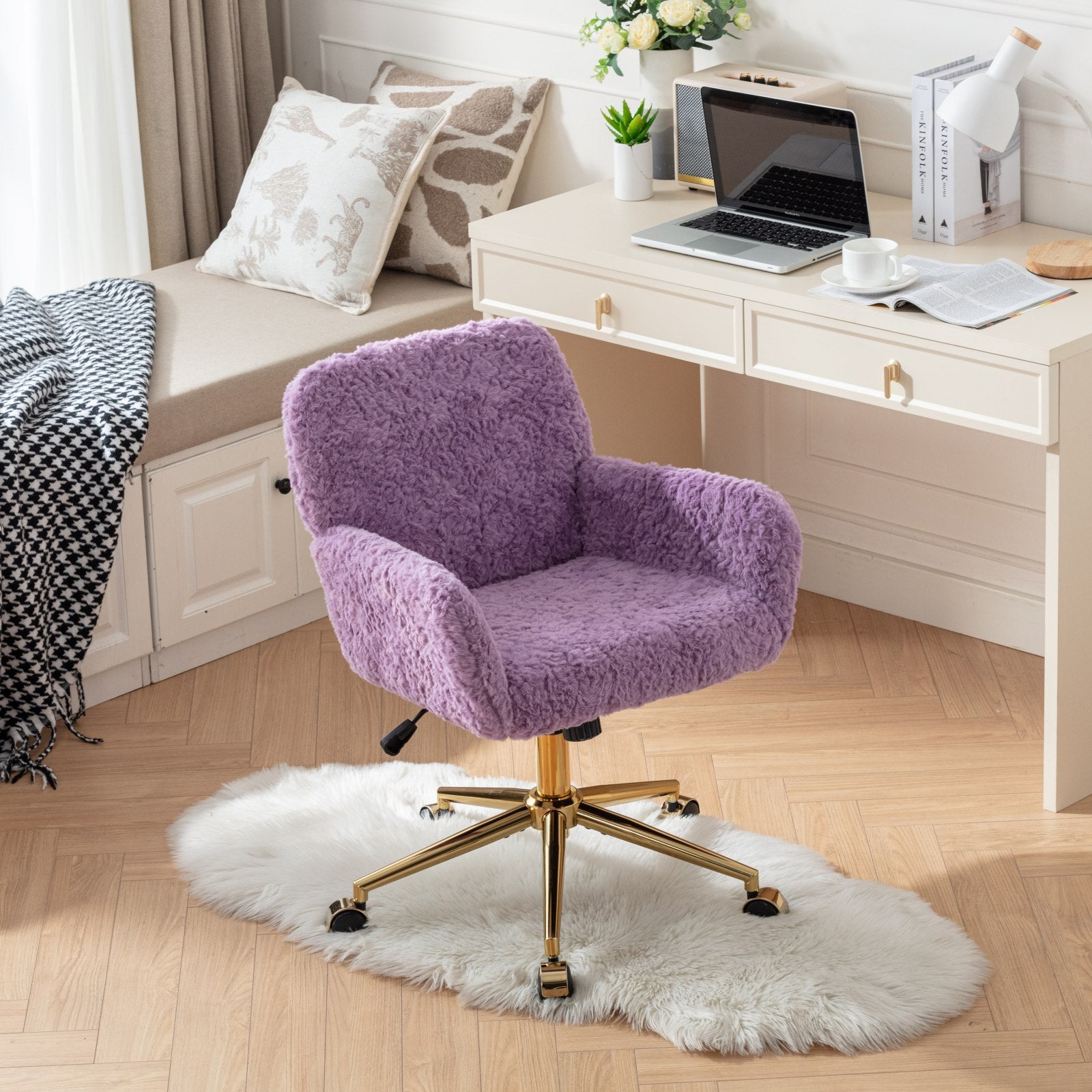 Purple fluffy office chair in a home office setting with a desk and decor.