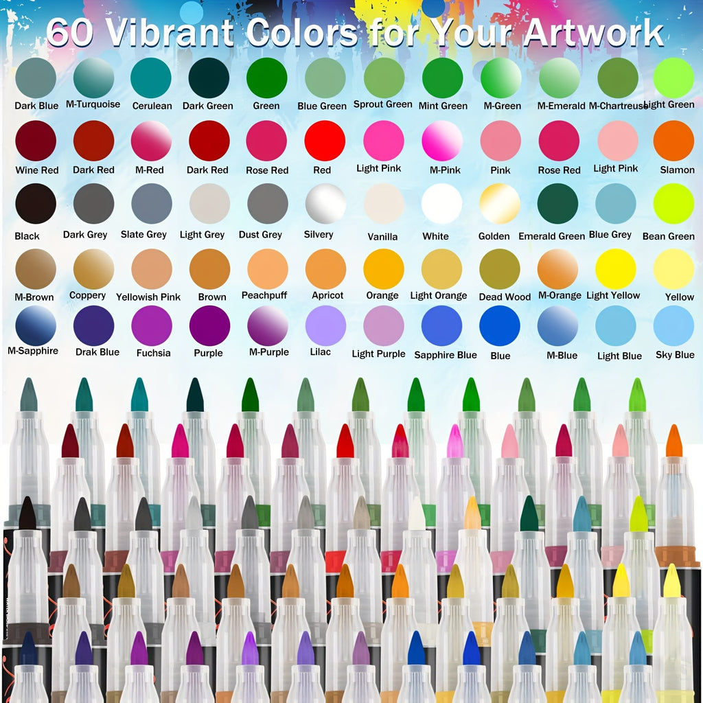 Color swatches and markers with 60 vibrant color options for artwork.