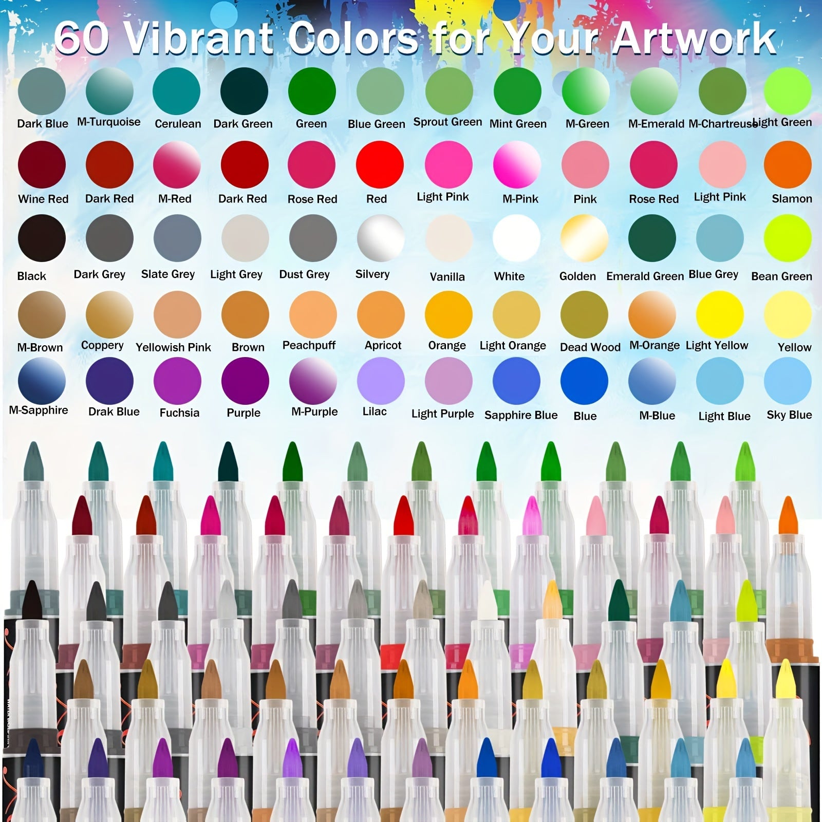 Color swatches and markers with 60 vibrant color options for artwork.
