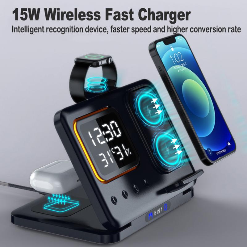 Multi-device wireless charging station with smartphone, smartwatch, and wireless earbuds on a gray background.