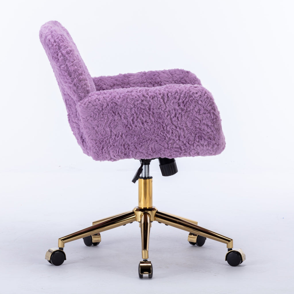 Purple fluffy office chair with gold base on a white background