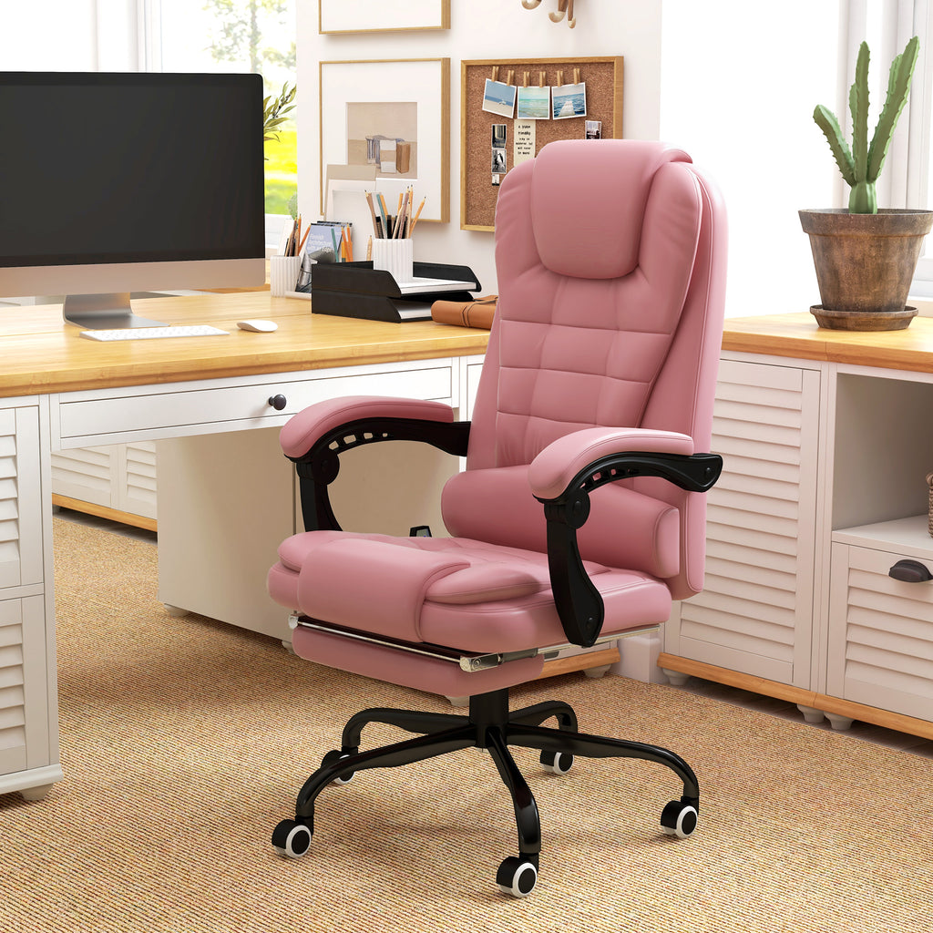 Pink office chair in a home office setting with a desk and computer monitor.
