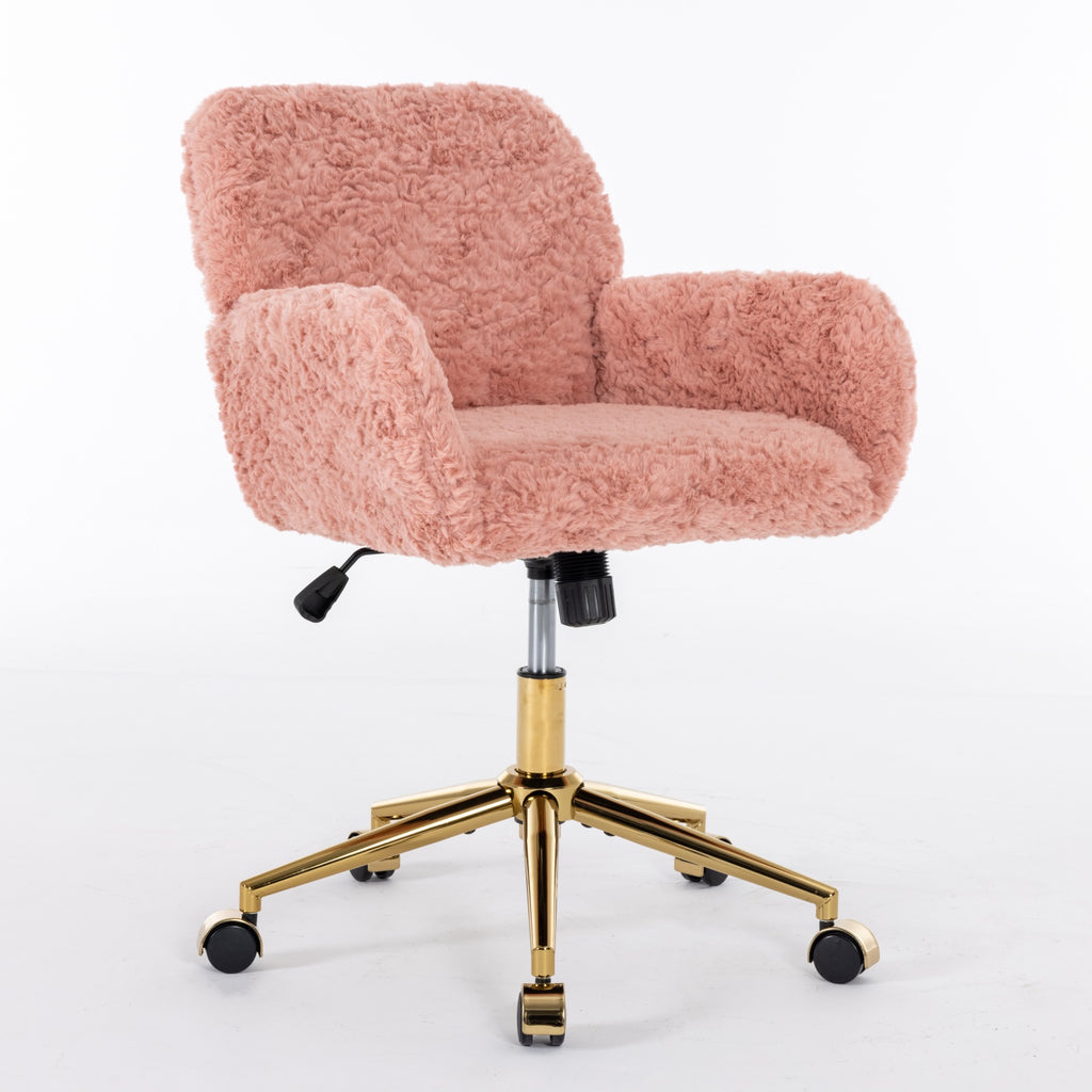 Pink fluffy office chair with gold base on a white background