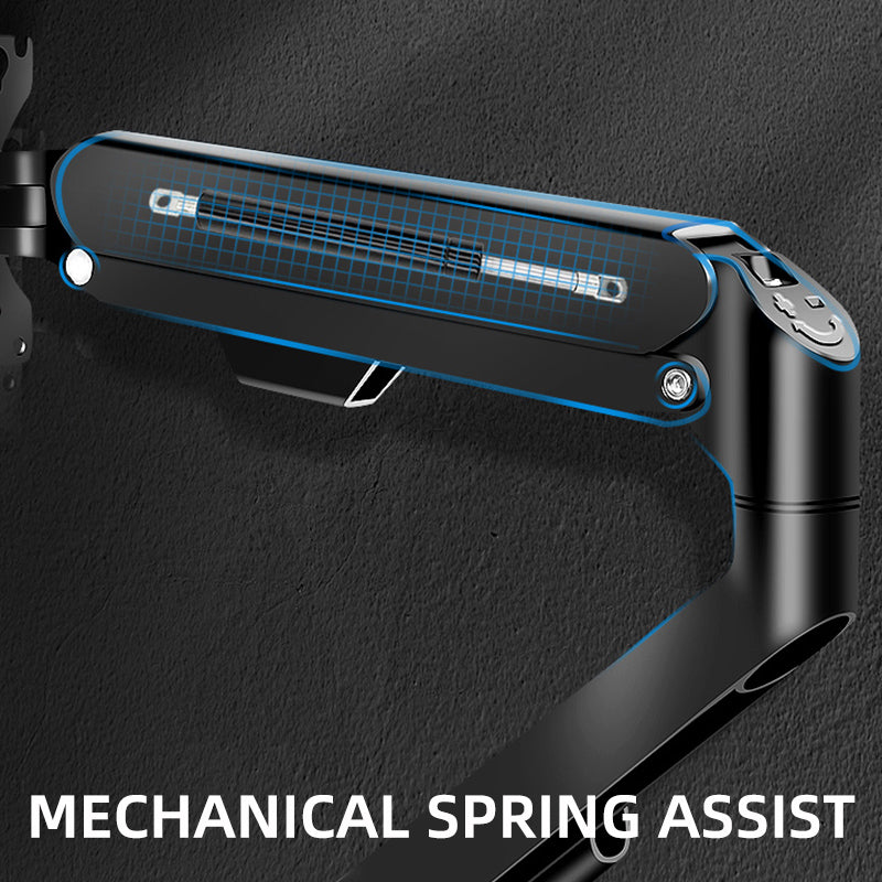 Mechanical spring assist component on a dark background with text overlay.