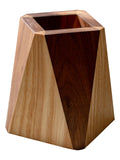 Wooden geometric vase with two-tone finish on a white background