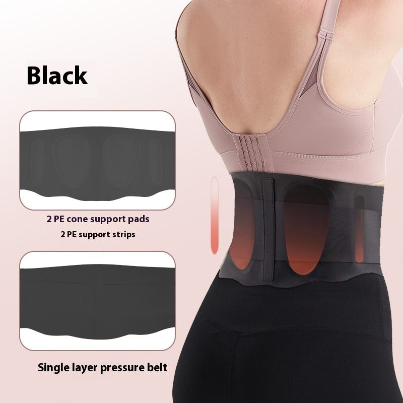 Black compression belt with support pads and strips on a person wearing a sports bra and leggings.