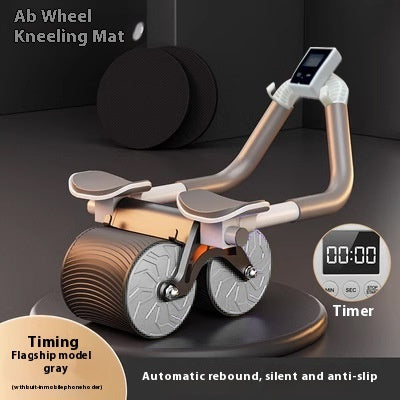 Ab wheel kneeling mat with digital timer on a dark background