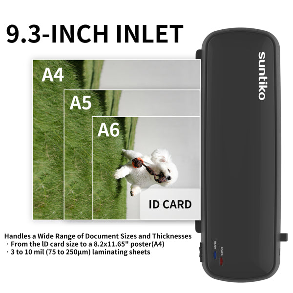 Black Suntiko laminating machine with text about document sizes and a small image of a dog on grass.
