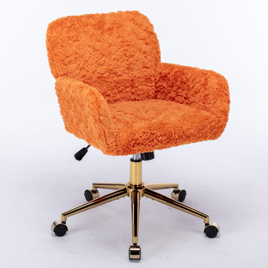 Orange fluffy office chair with gold base on a white background