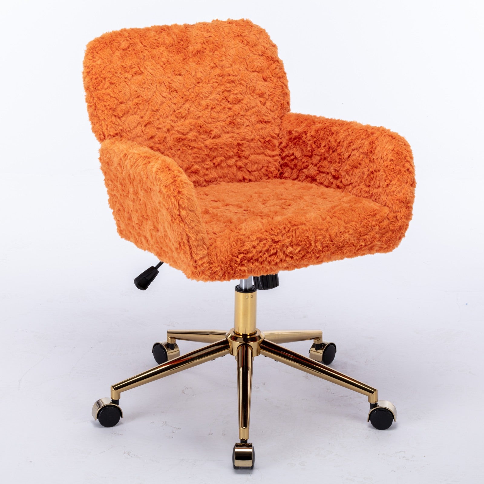 Orange fluffy office chair with gold base on a white background