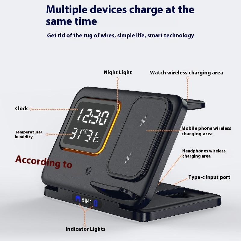 Multifunctional charging station with digital display and various charging areas on a white background.